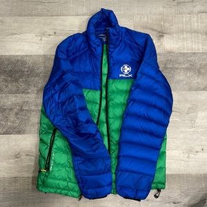 Blue and green, RLX puffer jacket.